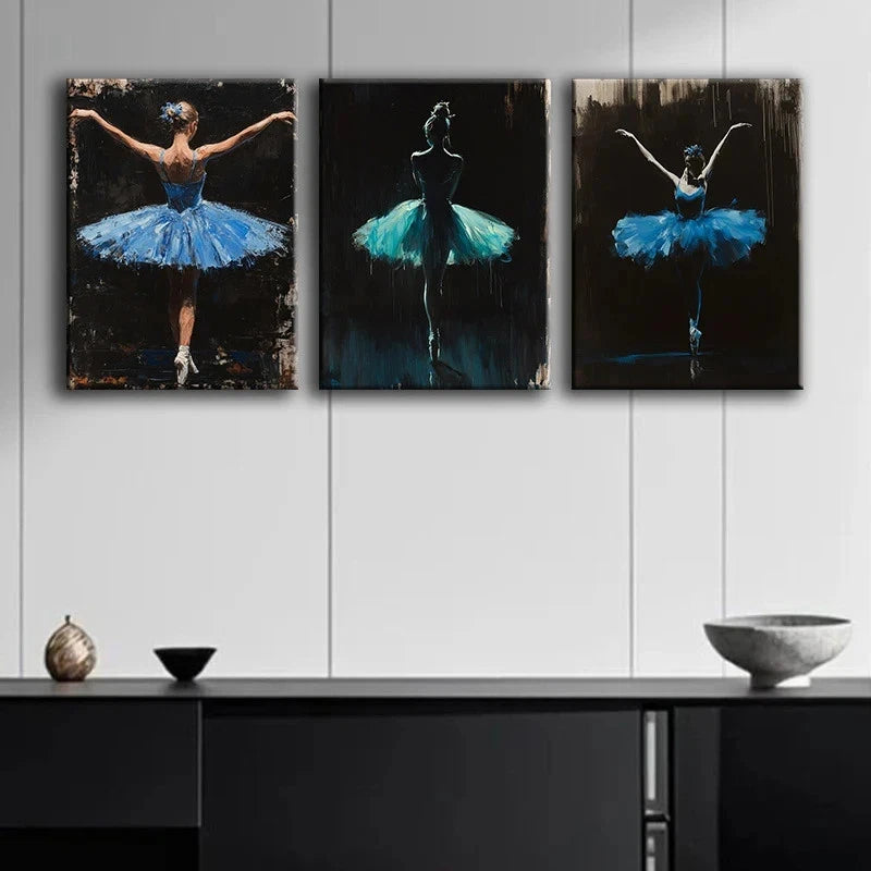 3pcs Blue Ballet Dancer Tutu Luxurious Metal Print Ready to Hang Art - Bella Home Decor