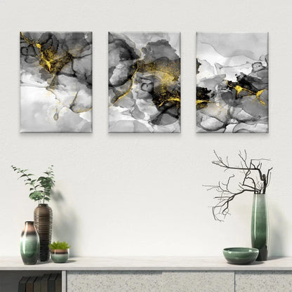 3pcs Luxury Monochrome and Gold Glitter Ink Wall Art Set Canvas Framed 50x70cm - High Quality Print 100% Australian Made Wall Canvas Ready to Hang