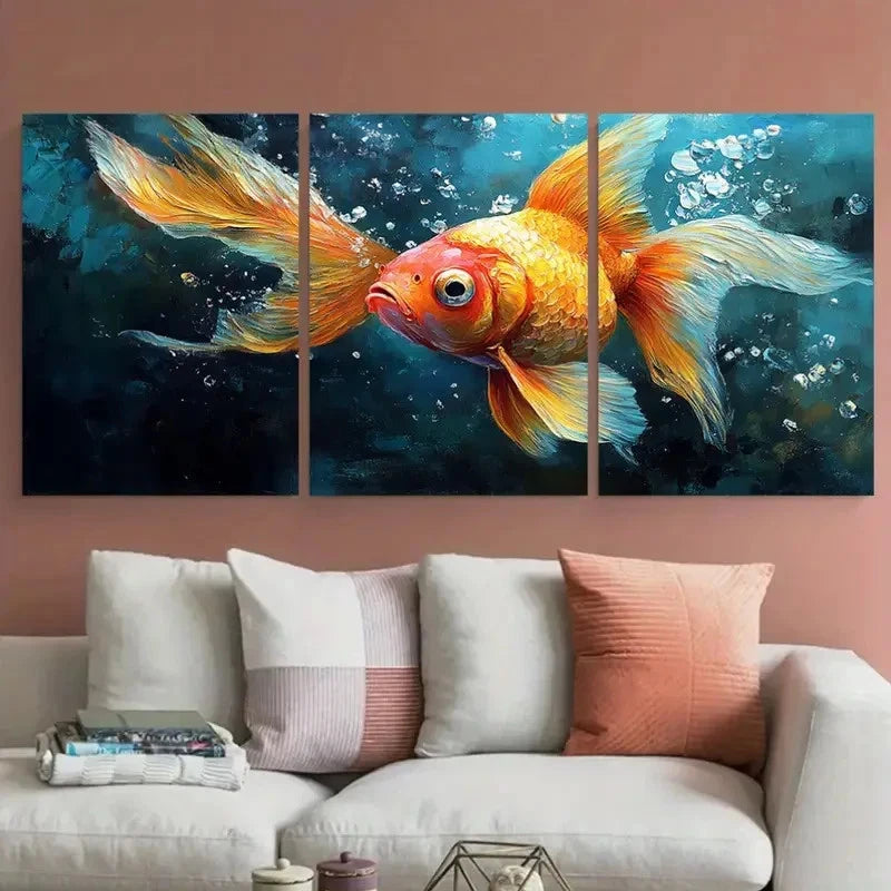 3pcs Goldfish Animals Impasto Artwork Perfect Wall Art Set Canvas Framed 40x60cm - High Quality Print 100% Australian Made Wall Canvas Ready to Hang