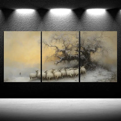 3pcs Sheep in the Snow Capped Metal Print Ready to Hang Art - Bella Home Decor