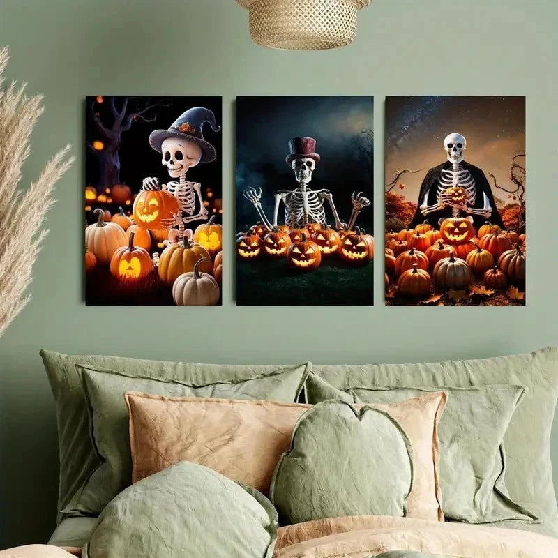 3pcs Spooky Pumpkin Wall Art Set Canvas Framed 50x70cm - High Quality Print 100% Australian Made Wall Canvas Ready to Hang