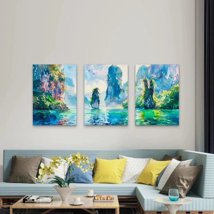 3pcs Vibrant Tropical Limestone Islands Wall Art Set Canvas Framed 40x60cm - High Quality Print 100% Australian Made Wall Canvas Ready to Hang - Bella Home Decor