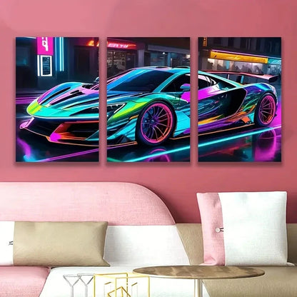 3pcs Neon Lit Sports Car Artwork Wall Art Set Canvas Framed 50x70cm - High Quality Print 100% Australian Made Wall Canvas Ready to Hang