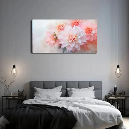 Soft Pastel Pink White Dahlia Wall Art Canvas Office Home Room Framed 120x60cm - Bella Home Decor