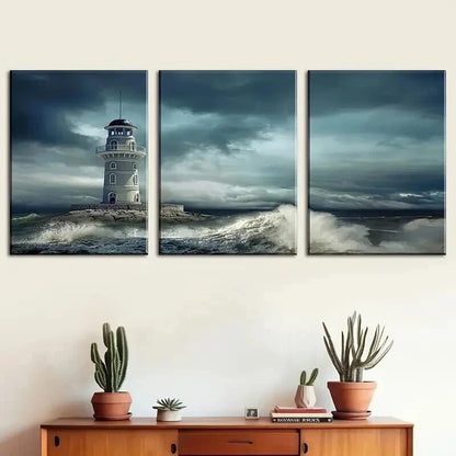 3pcs Ocean Lighthouse Triptych Waves Perfect Wall Art Set Canvas Framed 60x90cm - High Quality Print 100% Australian Made Wall Canvas Ready to Hang - Bella Home Decor