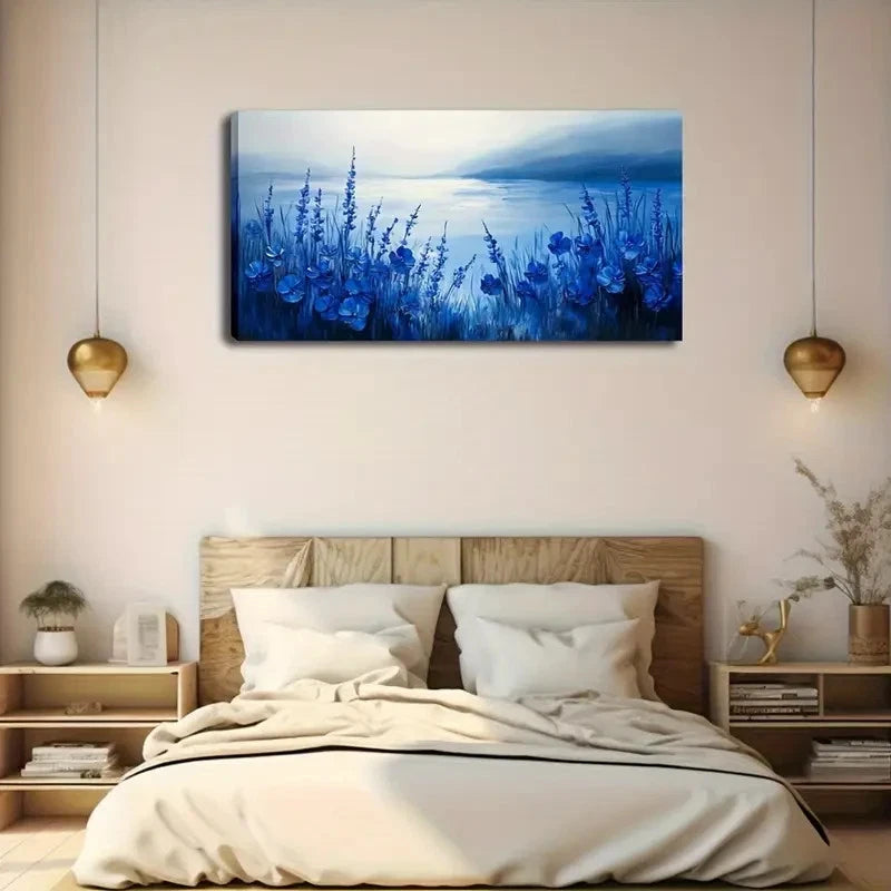 Blue Flowers & Grass Water Wall Art Canvas Office Home Room Framed 120x60cm