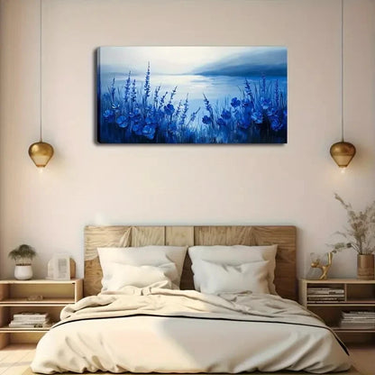 Blue Flowers & Grass Water Wall Art Canvas Office Home Room Framed 120x60cm