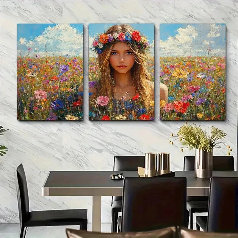 3pcs Girl In A Field Of Flowers Perfect Wall Art Set Canvas Framed 60x90cm - High Quality Print 100% Australian Made Wall Canvas Ready to Hang - Bella Home Decor