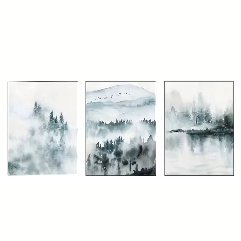 3pcs Misty Forest Lake Mountain Range  Wall Art Set Canvas Framed 50x70cm - High Quality Print 100% Australian Made Wall Canvas Ready to Hang