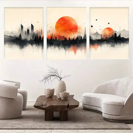 3pcs Vibrant Orange-Red Skyline Water Reflection Wall Art Set Canvas Framed 50x70cm - High Quality Print 100% Australian Made Wall Canvas Ready to Hang