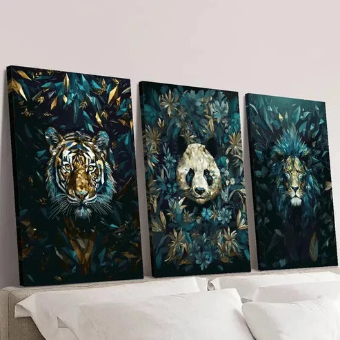 3pcs Blue Geometric Tiger Lion and Giant Panda Wall Art Canvas Unframed - High Quality Print 100% Australian Made Wall Canvas - Bella Home Decor