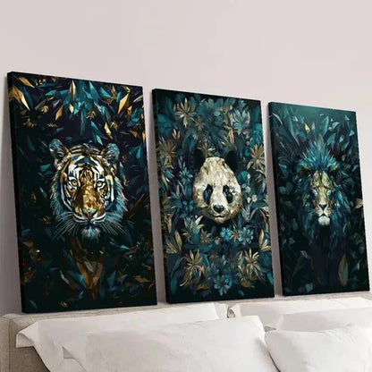3pcs Blue Geometric Tiger Lion and Giant Panda Wall Art Canvas Unframed - High Quality Print 100% Australian Made Wall Canvas - Bella Home Decor