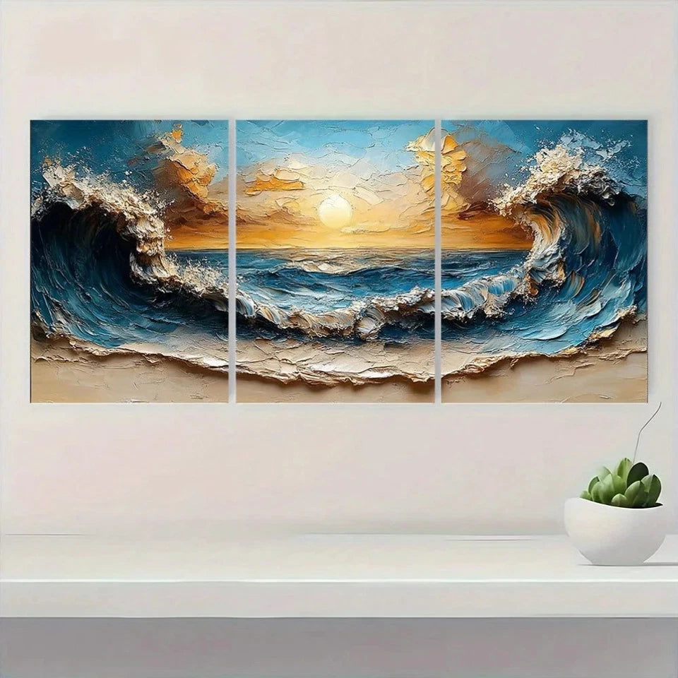 3pcs Beach Wave Oil Painting Abstract Wall Art Set Canvas Framed 50x70cm - High Quality Print 100% Australian Made Wall Canvas Ready to Hang - Bella Home Decor