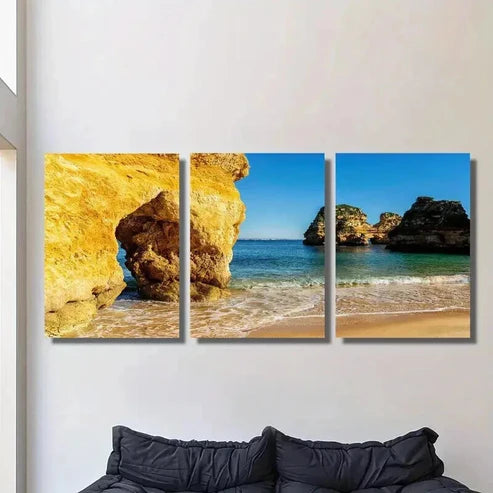 3pcs Golden Rocks and Beaches Landscape Wall Art Canvas Unframed - High Quality Print 100% Australian Made Wall Canvas - Bella Home Decor