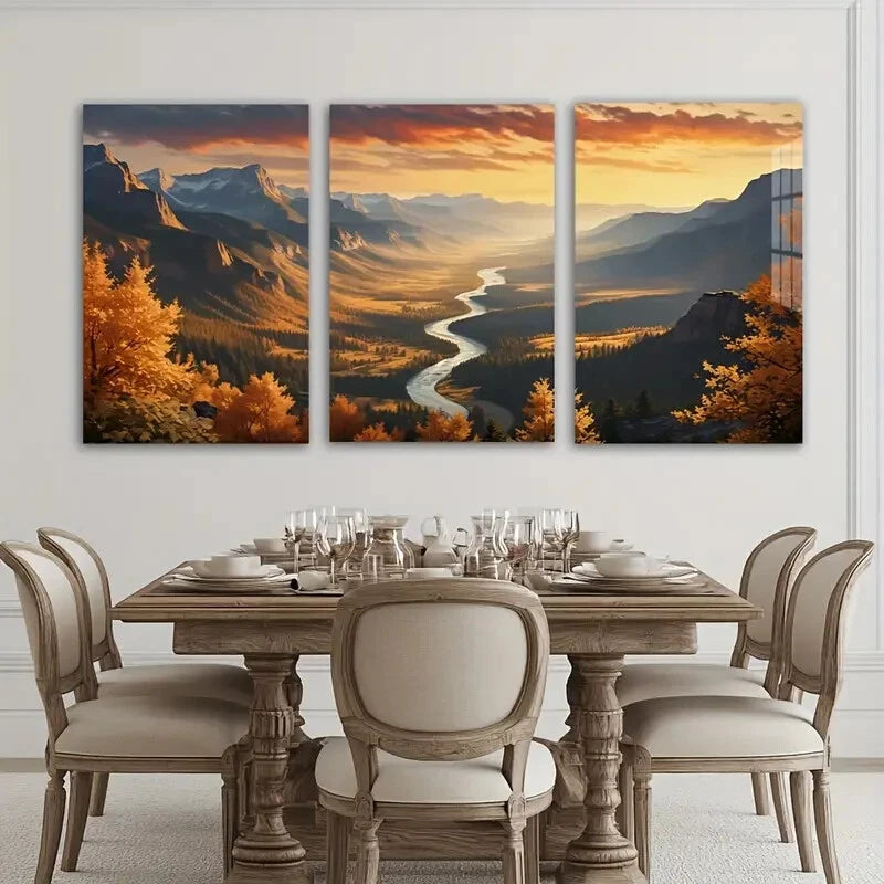 3pcs Stunning Mountain Peaks Forest River Sunset Metal Print Ready to Hang Art - Bella Home Decor
