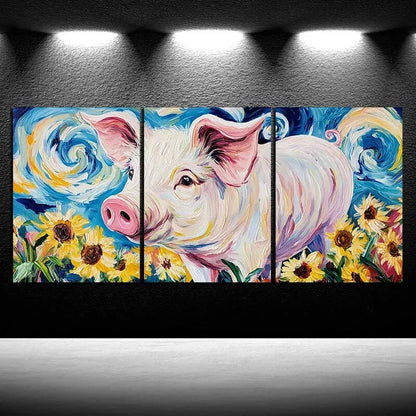 3pcs Pigs in The Fields Colourful Oil Painting Metal Print Ready to Hang Art - Bella Home Decor