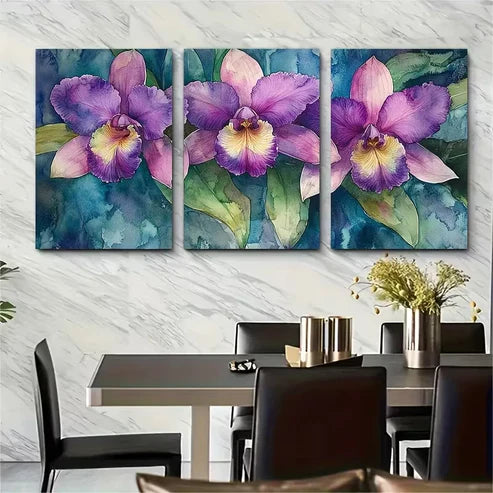 3pcs Elegant Orchid Purple Green Floral Wall Art Set Canvas Framed 60x90cm - High Quality Print 100% Australian Made Wall Canvas Ready to Hang