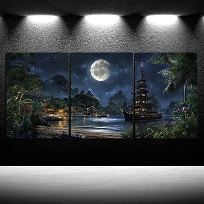 3pcs Ancient Pagoda Under The Moonlight Metal Print Ready to Hang Art - Bella Home Decor