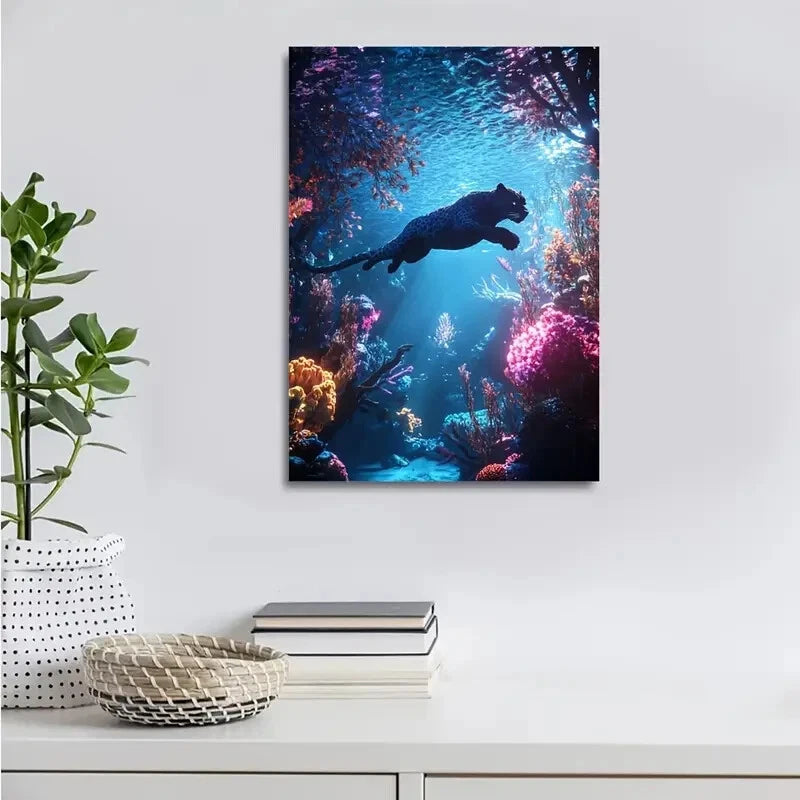 Hyper Realistic Panther Swinging in Coral Painting 40x60cm Metal Print Ready to Hang - Bella Home Decor