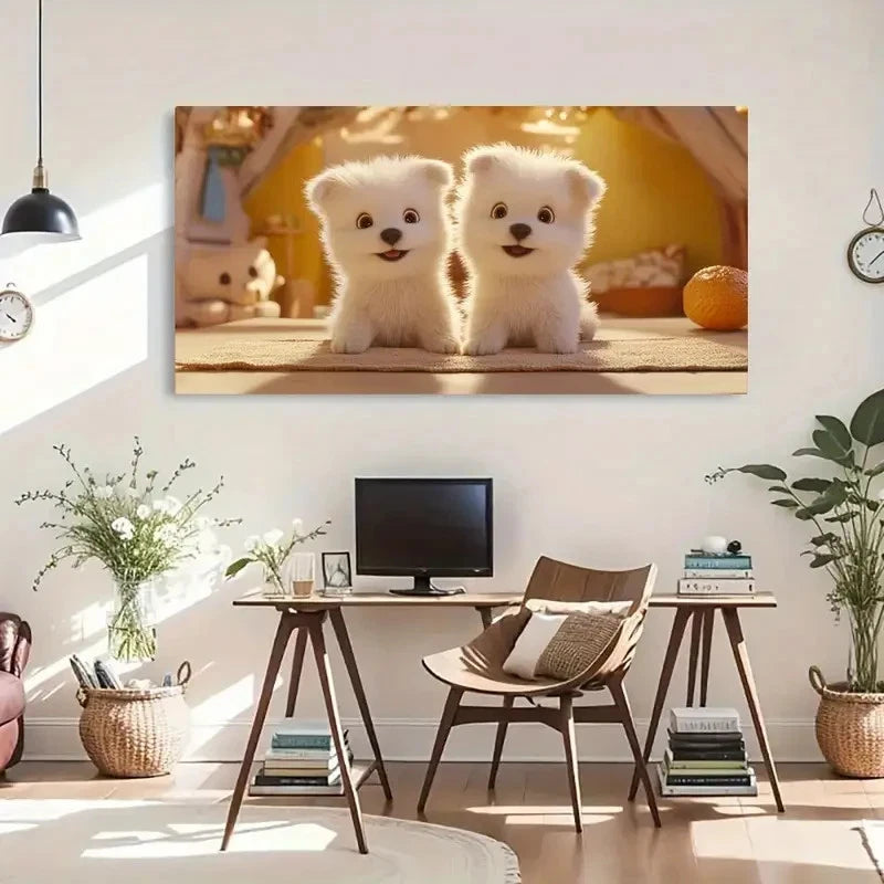 Fluffy Puppies Sunlight Décor Wall Art Canvas Office Home Room Framed 120x60cm - Bella Home Decor