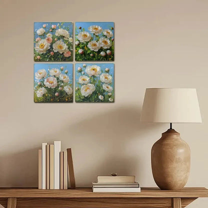 4pcs White Flower Bouquet Wall Art Canvas Framed - Bella Home Decor