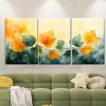 3pcs Watercolour Leaves Autumn Green Yellow Wall Art Set Canvas Framed 60x90cm - High Quality Print 100% Australian Made Wall Canvas Ready to Hang