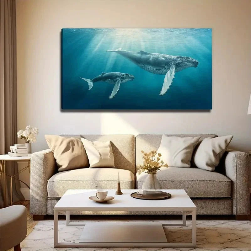 Whale Mother And Young Wall Art Canvas Office Home Room Framed 120x60cm