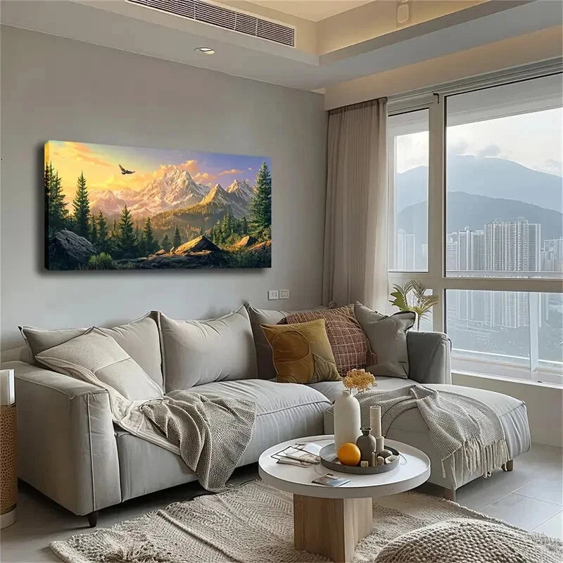 Mountains & Golden Sunset Décor Wall Art Canvas Office Home Room Framed 120x60cm - Bella Home Decor
