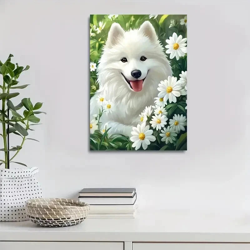 Adorable Samoyed Dog with White Flowers Painting 40x60cm Metal Print Ready to Hang
