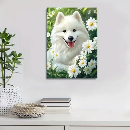 Adorable Samoyed Dog with White Flowers Painting 40x60cm Metal Print Ready to Hang