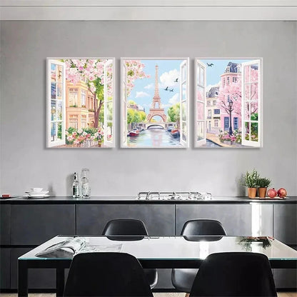 3pcs Blooming Streets with Eiffel Tower Perfect Wall Art Set Canvas Framed 60x90cm - High Quality Print 100% Australian Made Wall Canvas Ready to Hang