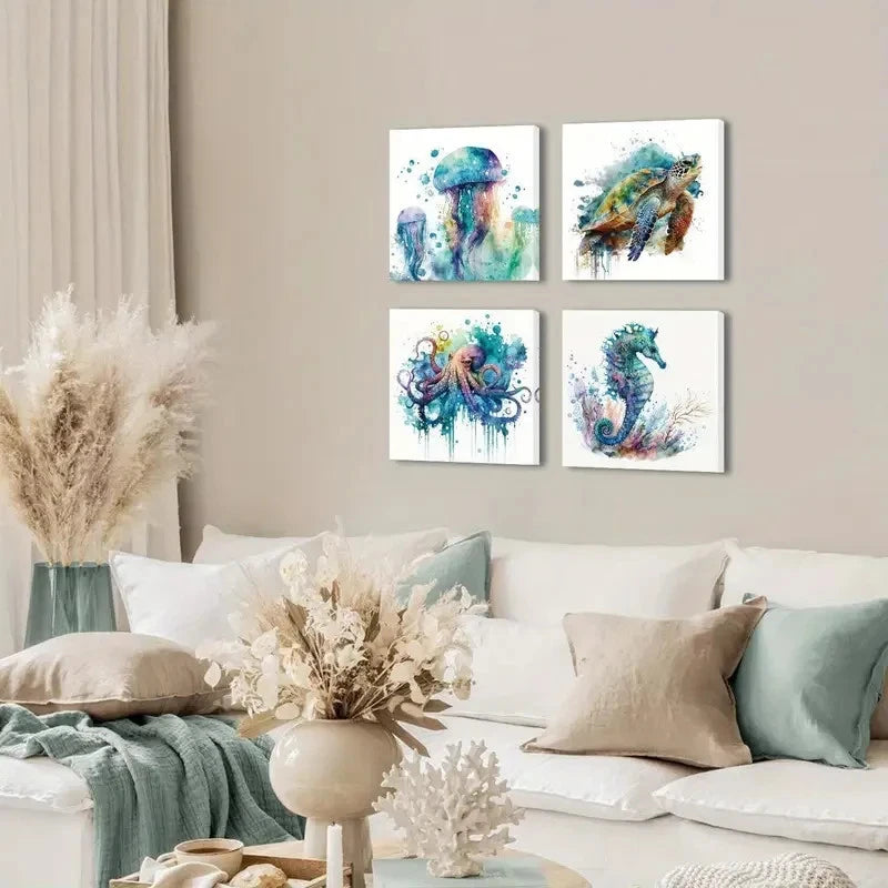 4pcs Ocean Bathroom  Wall Art Canvas Framed