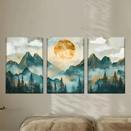3pcs Mountain & Tree Art with Full Moon Wall Art Set Canvas Unframed - High Quality Print 100% Australian Made Wall Canvas - Bella Home Decor