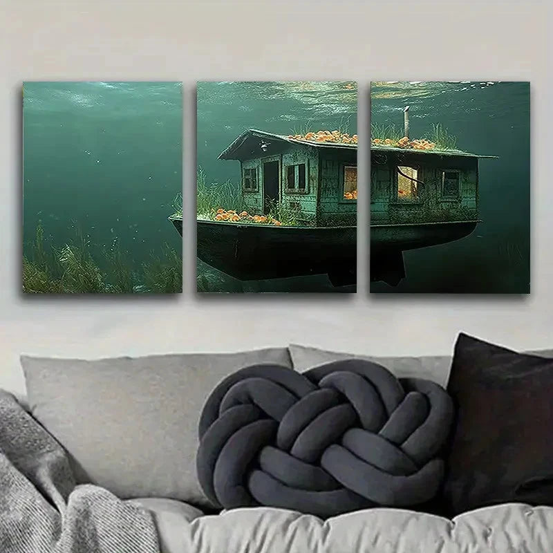 3pcs Submerged Boat with Flowers Wall Art Set Canvas Framed 40x60cm - High Quality Print 100% Australian Made Wall Canvas Ready to Hang