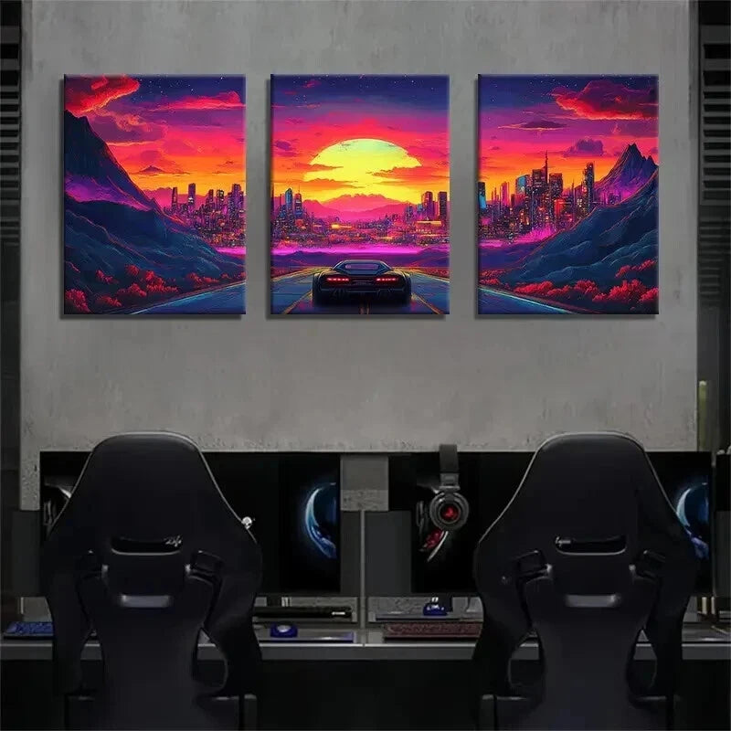 3pcs Futuristic Retro Neon Supercar Perfect Wall Art Set Canvas Framed 60x90cm - High Quality Print 100% Australian Made Wall Canvas Ready to Hang - Bella Home Decor