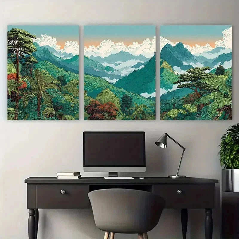 3pcs Khao Thailand Illustrated Jungle Perfect  Wall Art Set Canvas Framed 60x90cm - High Quality Print 100% Australian Made Wall Canvas Ready to Hang