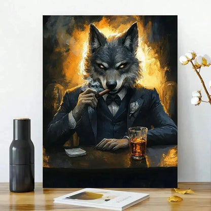 Sophisticated Wolf in Suit Cigar Scene Whimsical 40x60cm Metal Print Ready to Hang