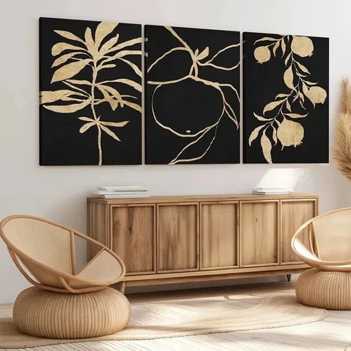 3pcs Abstract Golden Botanical Typography Black Wall Art Set Canvas Unframed - High Quality Print 100% Australian Made Wall Canvas - Bella Home Decor