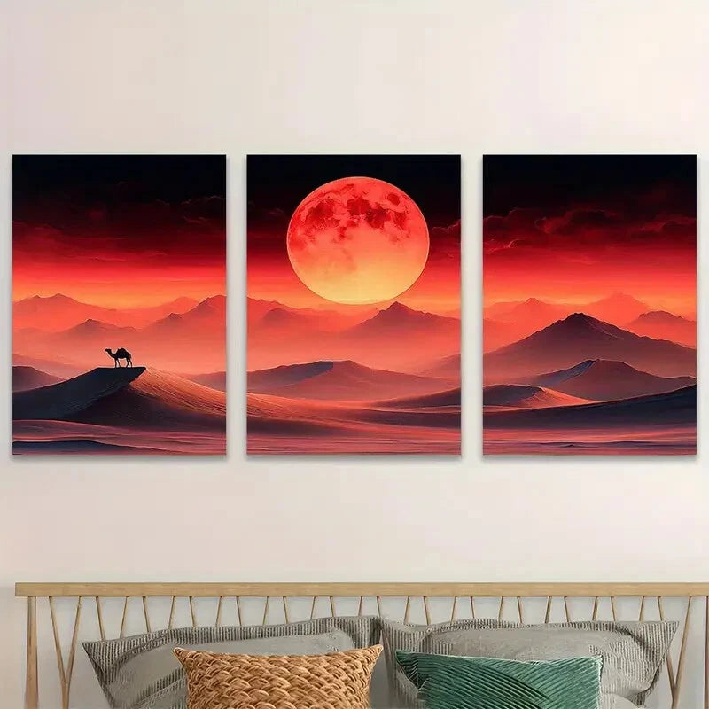 3pcs Desert Sunset Scenery Sand Dunes Camel Metal Print Ready to Hang Art