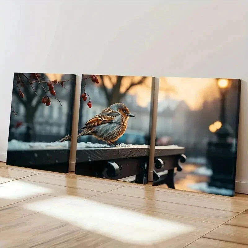 3pcs Birds Sparrows on a Street Painting Wall Art Set Canvas Framed 60x90cm - High Quality Print 100% Australian Made Wall Canvas Ready to Hang - Bella Home Decor