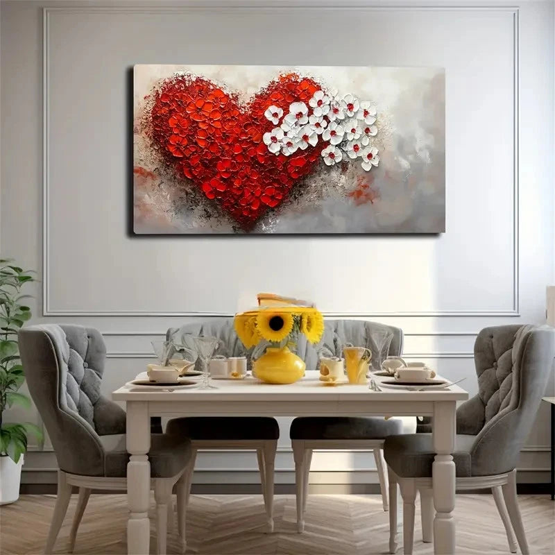 Red & White Floral Heart Wall Art Canvas Office Home Room Framed 120x60cm