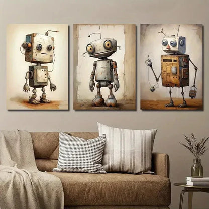 3pcs Vintage Robot Drawing Wall Art Set Canvas Unframed - High Quality Print 100% Australian Made Wall Canvas