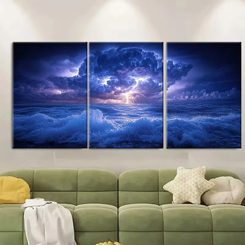 3pcs Lightning Storm Over Turbulent Ocean Nature Metal Print Ready to Hang Art