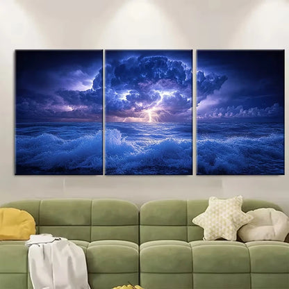 3pcs Lightning Storm Over Turbulent Ocean Nature Metal Print Ready to Hang Art