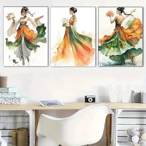 3pcs Traditional Chinese Beauty Dancing Wall Art Canvas Unframed - High Quality Print 100% Australian Made Wall Canvas