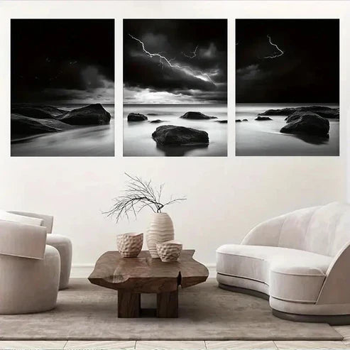 3pcs Black and White Stormy Ocean Landscape Wall Art Canvas Unframed - High Quality Print 100% Australian Made Wall Canvas - Bella Home Decor