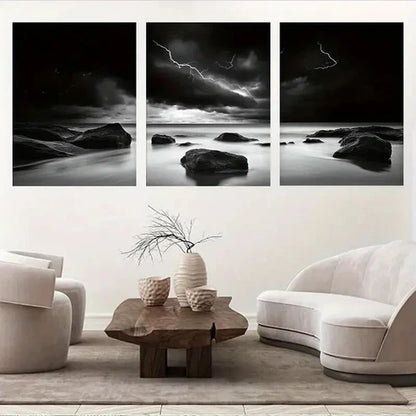 3pcs Black and White Stormy Ocean Landscape Wall Art Canvas Unframed - High Quality Print 100% Australian Made Wall Canvas - Bella Home Decor
