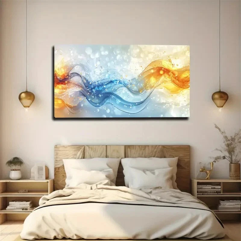 Blue & Yellow Abstract Waves Wall Art Canvas Office Home Room Framed 120x60cm