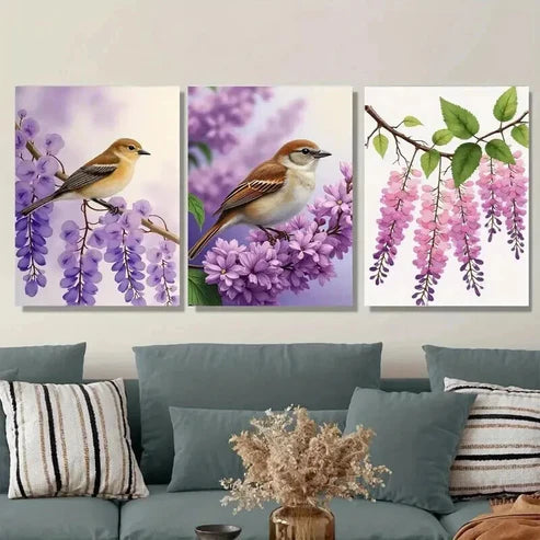 3pcs Beautiful Bird and Flower Purple Floral Wall Art Canvas Unframed - High Quality Print 100% Australian Made Wall Canvas - Bella Home Decor