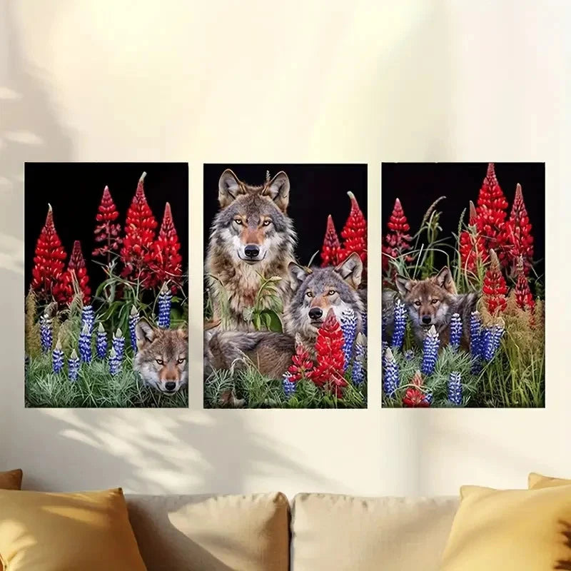 3pcs Vivid Wolves in Flower Field Triptych Wall Art Set Canvas Framed 40x60cm - High Quality Print 100% Australian Made Wall Canvas Ready to Hang